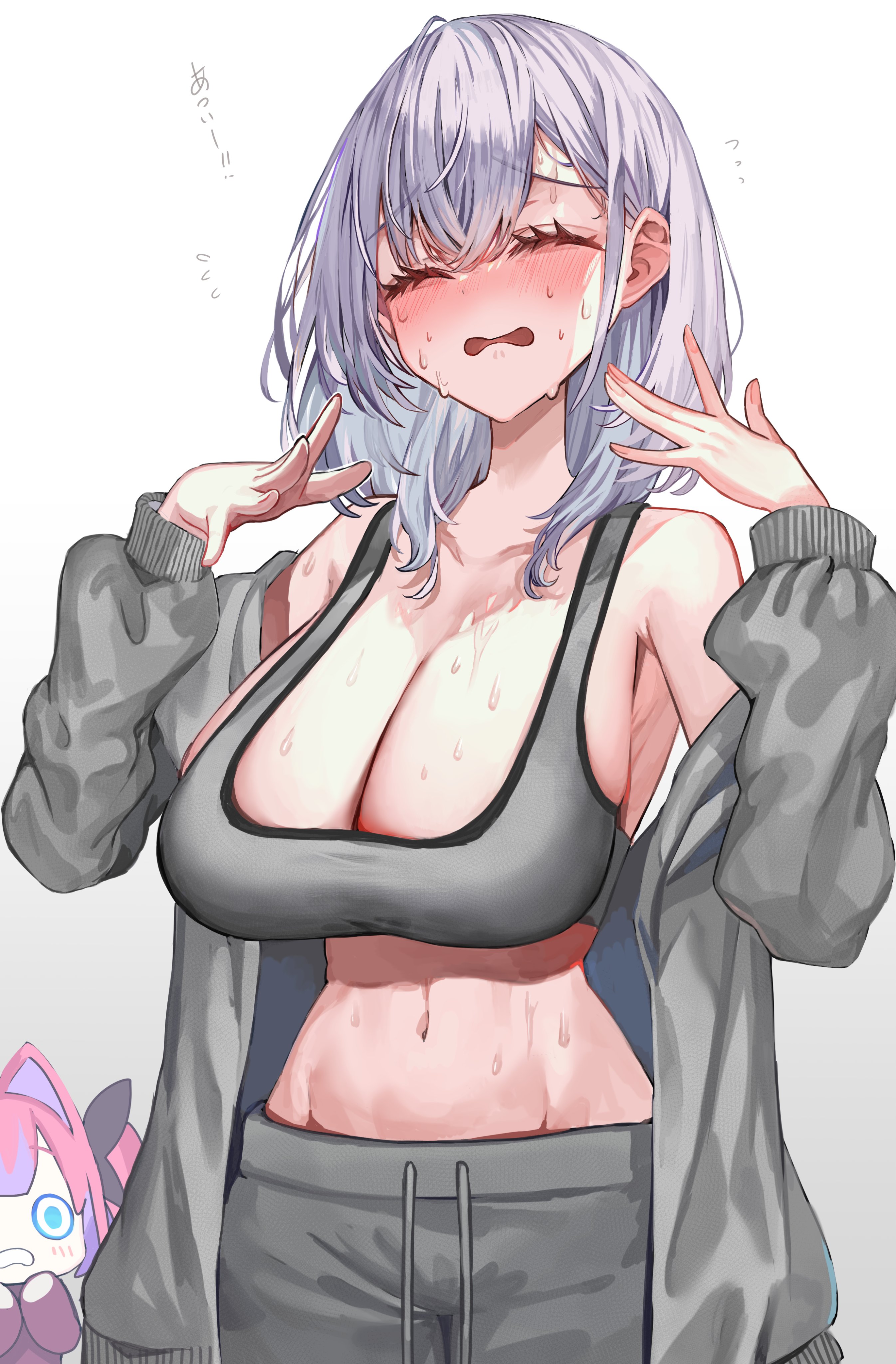 rum raisin (chihiromakita19), kikirara vivi, shirogane noel, hololive, hololive dev is, absurdres, commentary, highres, translation request, 2girls, ^^^, alternate costume, asymmetrical hair, bare shoulders, blush, blush stickers, breasts, cleavage, closed eyes, clothes down, crop top, drawstring, furrowed brow, grey hair, grey jacket, grey pants, grey tank top, holding hands, jacket, large breasts, medium hair, midriff, multiple girls, navel, open clothes, open jacket, open mouth, pants, simple background, solo focus, stomach, sweat, sweatpants, tank top, virtual youtuber, wavy mouth, white background