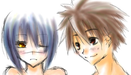 mutou kazuki, tsumura tokiko, busou renkin, lowres, 00s, blue hair, brown eyes, brown hair, scar, yellow eyes