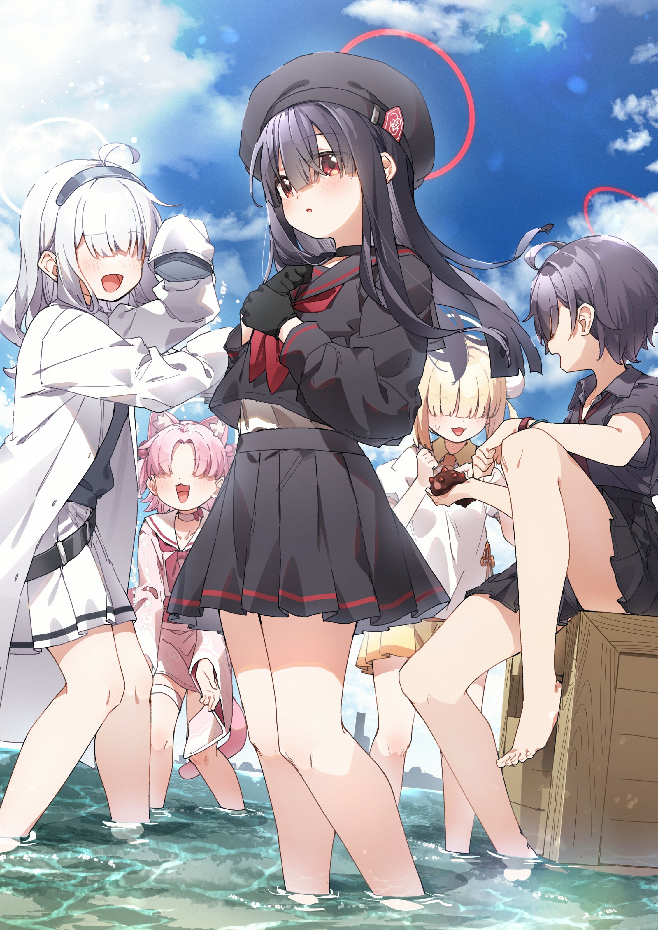 yukie (kusaka shi), justice task force member (blue archive), blue archive, absurdres, highres, 5girls, ahoge, animal ear fluff, animal ears, barefoot, beret, black gloves, black hair, black hat, black sailor collar, black serafuku, black shirt, black skirt, blonde hair, blue sky, blush, cat ears, cat girl, cloud, cloudy sky, faceless, faceless female, gloves, halo, hat, long hair, long sleeves, multiple girls, neckerchief, open mouth, parted lips, pink hair, red neckerchief, sailor collar, school uniform, serafuku, shirt, short hair, sitting, skirt, sky, smile, water, white hair, white shirt, white skirt