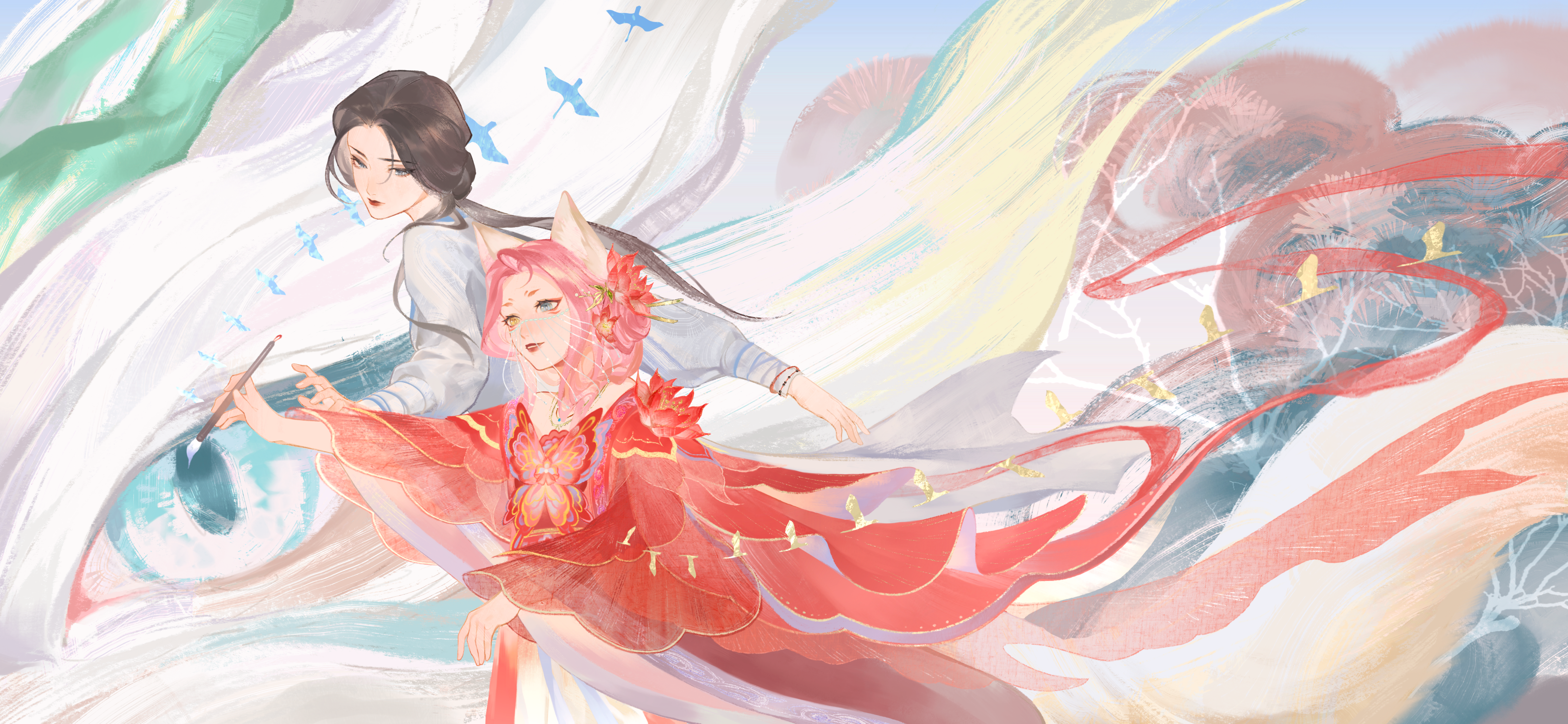 shijiu chong shan, miss bai (infinity nikki), nikki (nikki), white loong (infinity nikki), infinity nikki, nikki (series), absurdres, highres, 2girls, animal ears, animal print, blue eyes, blue sky, brown eyes, brown hair, butterfly print, chinese clothes, chinese hairpin, cliff, cowboy shot, dragon, eastern dragon, expressionless, floating clothes, flower, forever bond (infinity nikki), fox ears, fox girl, fox tail, hair flower, hair ornament, hair over shoulder, hanfu, heterochromia, holding, holding paintbrush, lipstick, long hair, long sleeves, long tail, lotus, low ponytail, makeup, mouth veil, multiple girls, no blindfold, paintbrush, parted lips, pink hair, ponytail, red flower, red hanfu, red lips, sky, smile, smoke, string, sun, tail, tree, veil, white hanfu, white veil, wide sleeves, yellow eyes