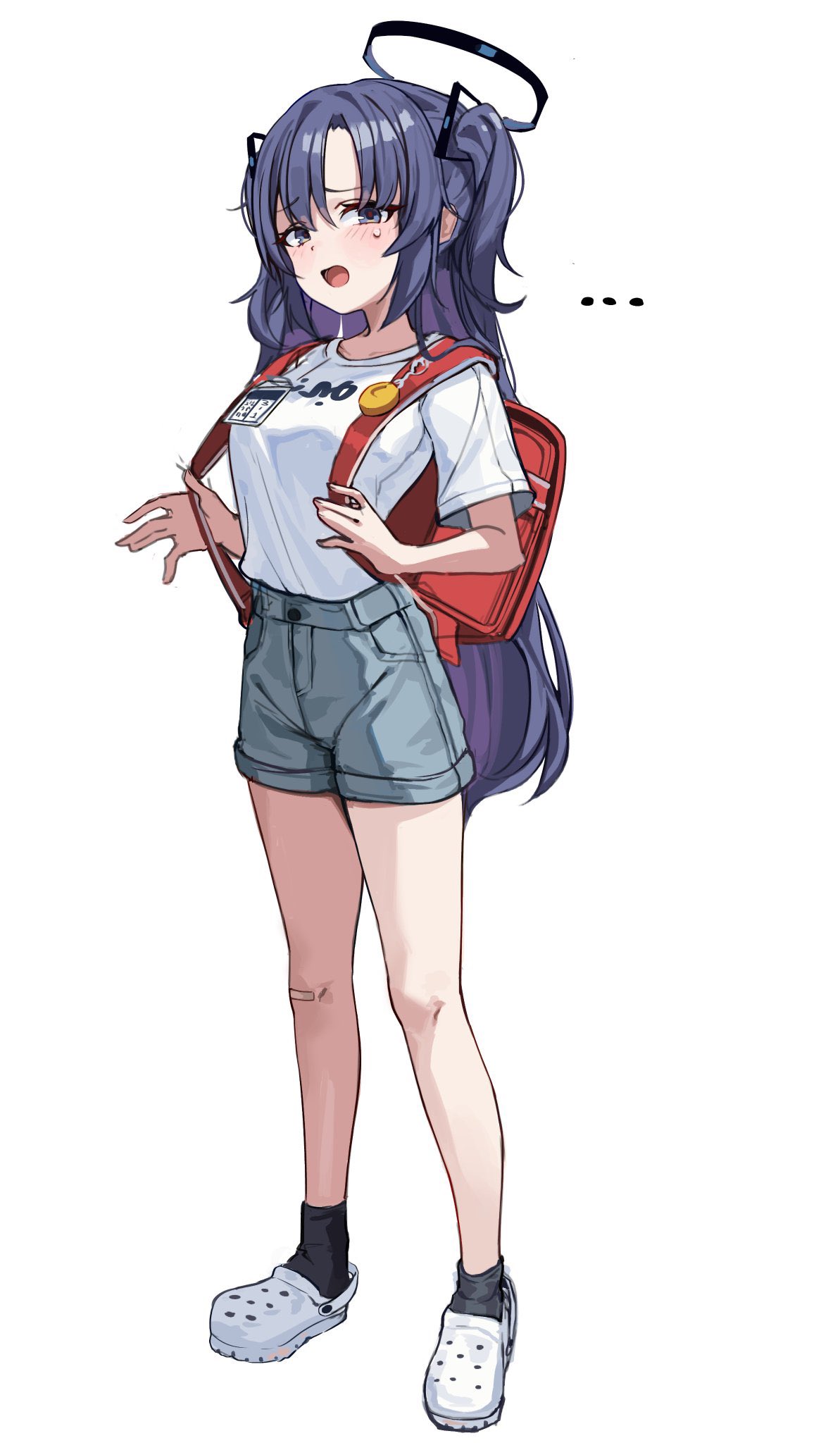 gusim, yuuka (blue archive), blue archive, highres, …, 1girl, backpack, bag, crime prevention buzzer, crocs, embarrassed, furrowed brow, halo, id card, long hair, looking at viewer, open mouth, purple hair, randoseru, shirt, shorts, socks, solo, sweatdrop, t-shirt, two side up, white shirt