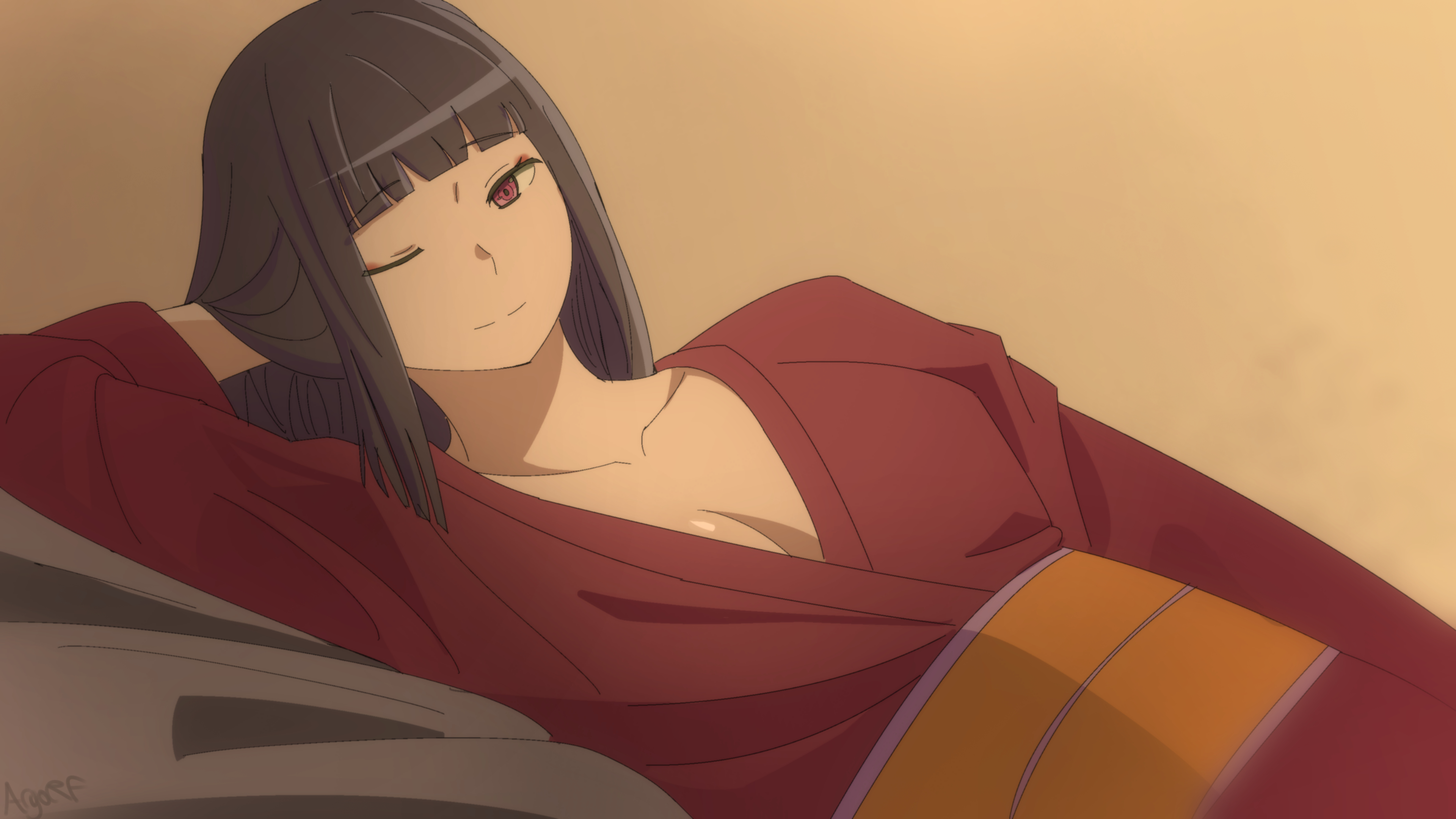 gojouno kaguya, dungeon ni deai wo motomeru no wa machigatteiru darou ka, absurdres, highres, 1girl, argo rf, blunt bangs, breasts, cleavage, indoors, japanese clothes, kimono, long hair, looking at viewer, lying, makeup, on bed, on side, one eye closed, orange sash, red eyes, red kimono, simple background, smile, solo