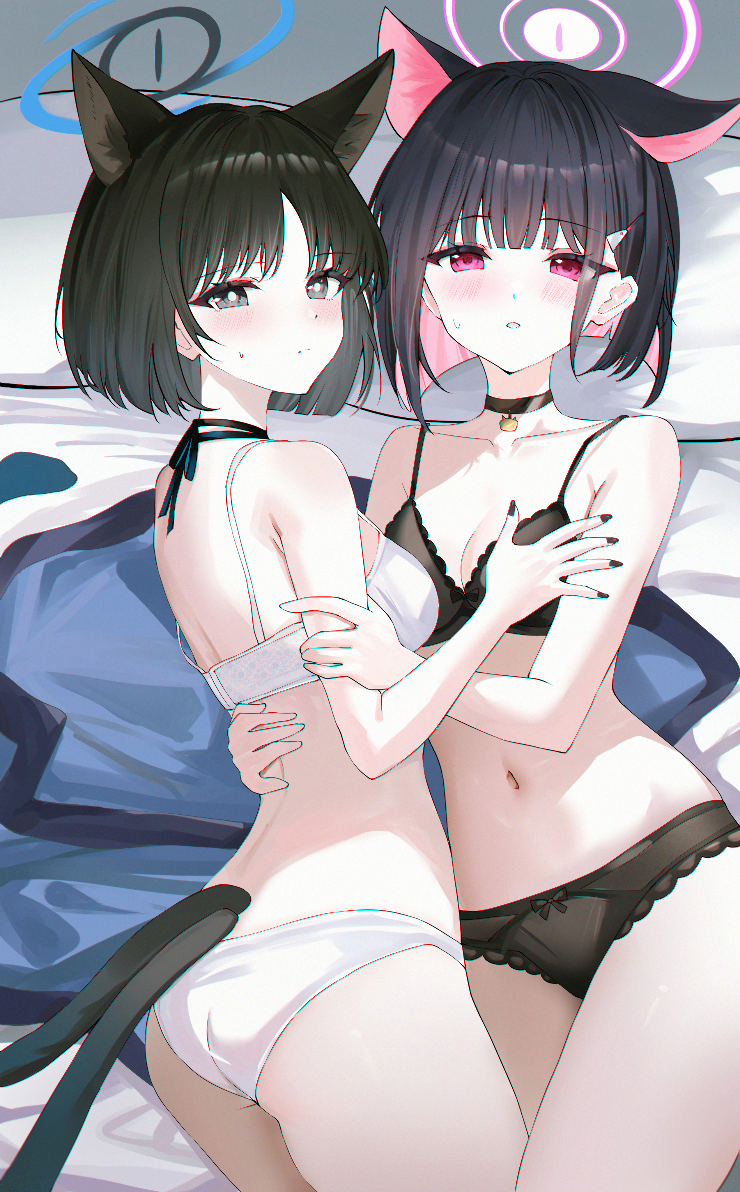 usagi (786113654), kazusa (blue archive), kikyou (blue archive), blue archive, absurdres, commentary request, highres, 2girls, animal ear fluff, animal ears, ass, bakeneko, black bra, black eyes, black hair, black panties, blue halo, blush, bra, breasts, cat ears, cat girl, cat tail, cleavage, closed mouth, extra ears, halo, looking at viewer, lying, medium breasts, multiple girls, multiple tails, navel, on bed, panties, pink halo, short hair, stomach, tail, thighs, two tails, underwear, underwear only, white background, white bra, white panties