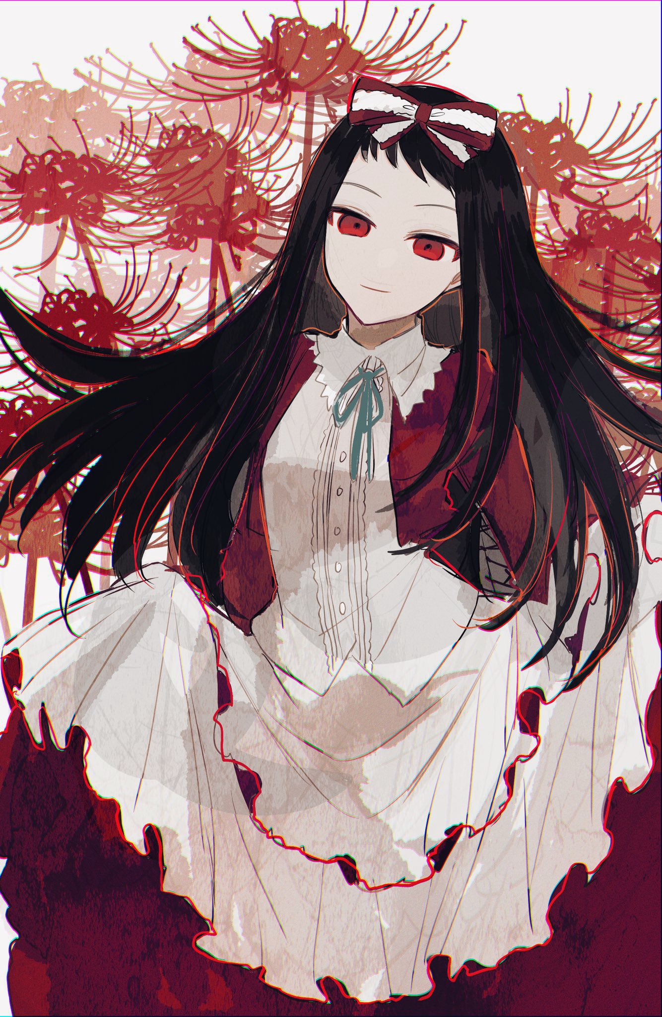 bakara (19083210), higanbana (higanbana no saku yoru ni), higanbana no saku yoru ni, highres, 1girl, black hair, blazer, bow, dress, flower, frills, green ribbon, hair bow, jacket, long hair, red bow, red eyes, ribbon, smile, solo, spider lily, striped bow