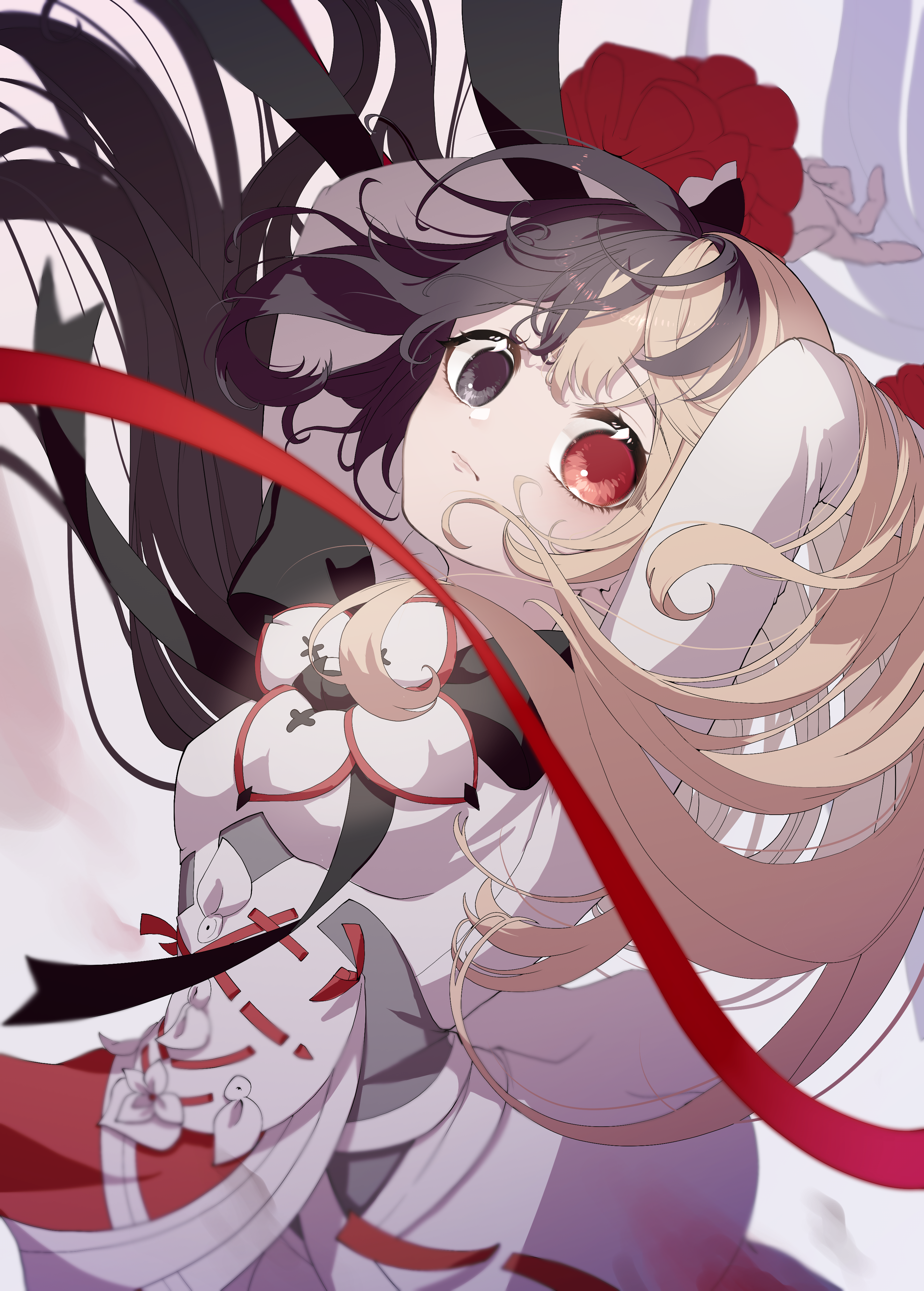 zonne=quael, arcaea, absurdres, highres, 1girl, arms up, black bow, black bowtie, black eyes, black hair, blonde hair, bow, bowtie, breasts, floating hair, flower, hair between eyes, heterochromia, long hair, maya (arcaea), medium breasts, multicolored bow, multicolored hair, red eyes, red ribbon, ribbon, shirt, sidelocks, sleeve cuffs, solo, two-tone hair, upper body, very long hair, white background, white bow, white flower, white petals, white shirt, white sleeves