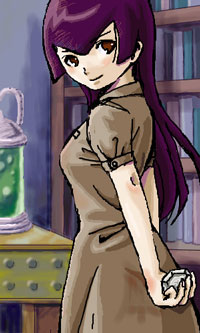 hayasaka ouka, busou renkin, lowres, tagme, 00s, 1girl, bookshelf, cowboy shot, female focus, indoors, looking at viewer, looking back, purple hair, short sleeves, smile, solo, standing