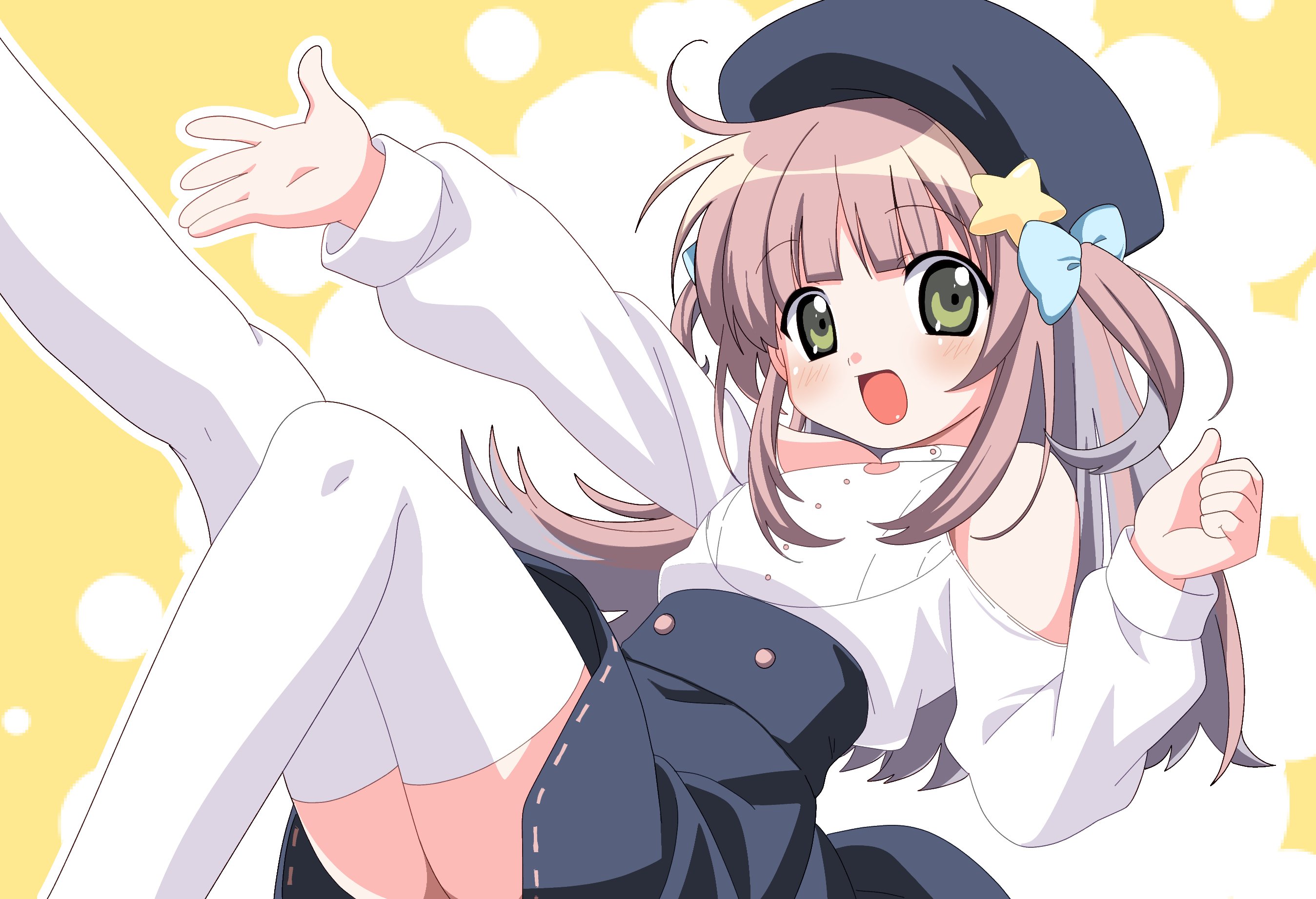bk (barakoodra), original, commission, highres, vgen commission, 1girl, 2000s (style), blunt bangs, blush, bow, brown hair, faux retro artstyle, french girly, green eyes, hair bow, hair ornament, hat, long hair, long sleeves, looking at viewer, nose shade, open mouth, ribbon, short twintails, skirt, smile, solo, star (symbol), star hair ornament, thighhighs, twintails