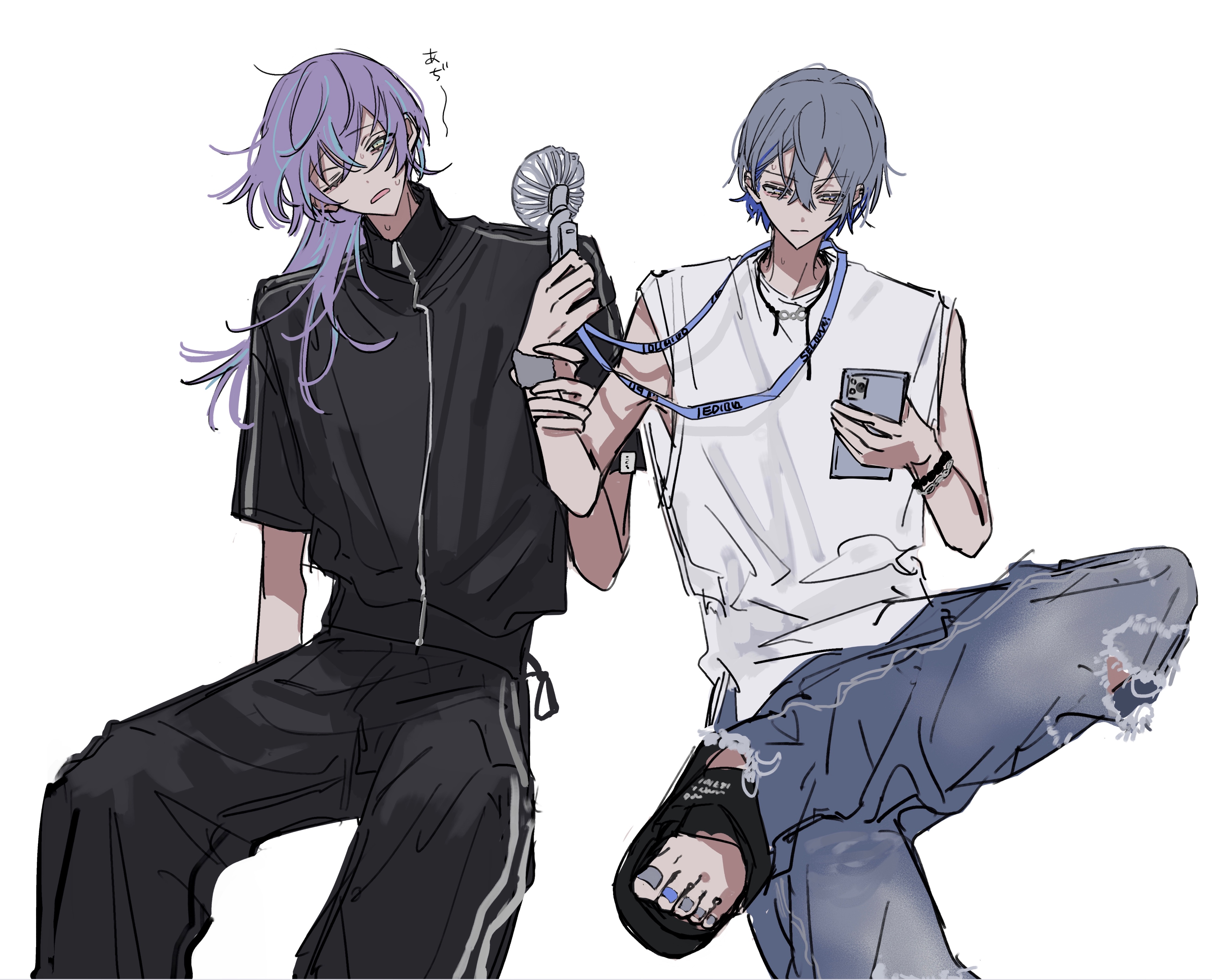 kesiks0616, hoshirube sho, koyanagi rou, nijisanji, absurdres, highres, 2boys, cellphone, feet out of frame, grey hair, hair between eyes, holding, holding phone, invisible chair, lanyard, male focus, multicolored hair, multiple boys, one eye closed, open mouth, pants, phone, purple hair, shirt, short hair, short sleeves, sitting, sleeveless, streaked hair, t-shirt, torn clothes, torn pants, track pants, virtual youtuber, white background, zipper