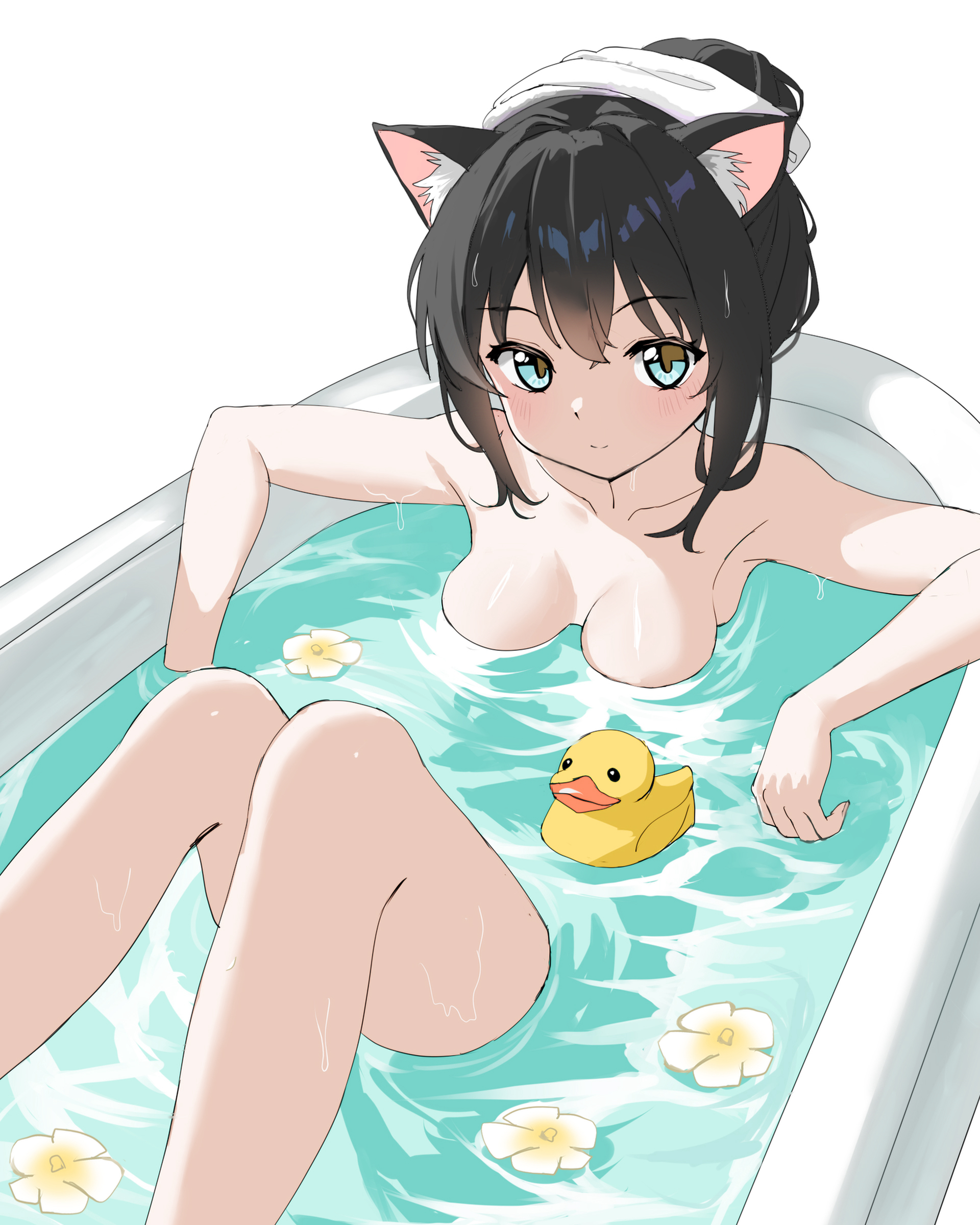 4o4 n0t fankal, original, absurdres, highres, 1girl, animal ears, bath, bathing, bathtub, black hair, breasts, cat ears, cat girl, floating flowers, hair bun, in bathtub, looking at viewer, medium breasts, nude, partially submerged, rubber duck, single hair bun, smile, towel, towel on head, water, wet, wet hair