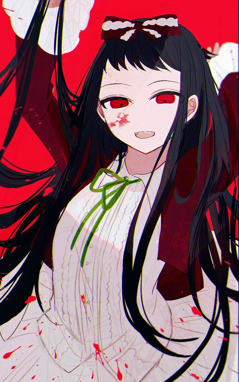 bakara (19083210), higanbana (higanbana no saku yoru ni), higanbana no saku yoru ni, highres, 1girl, black hair, blazer, blood, blood on clothes, blood on face, bow, dress, frills, green ribbon, hair bow, holding, holding own hair, jacket, long hair, looking at viewer, open mouth, red background, red bow, red eyes, ribbon, smile, solo, white dress