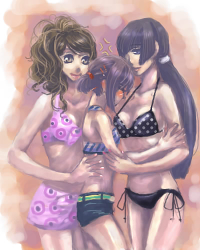 hayasaka ouka, mutou mahiro, tsumura tokiko, busou renkin, lowres, tagme, 00s, 3girls, anger vein, belt, bikini, blush, cowboy shot, long hair, multiple girls, polka dot, polka dot bikini, short hair, short shorts, shorts, side-tie bikini bottom, sidelocks, standing, swimsuit