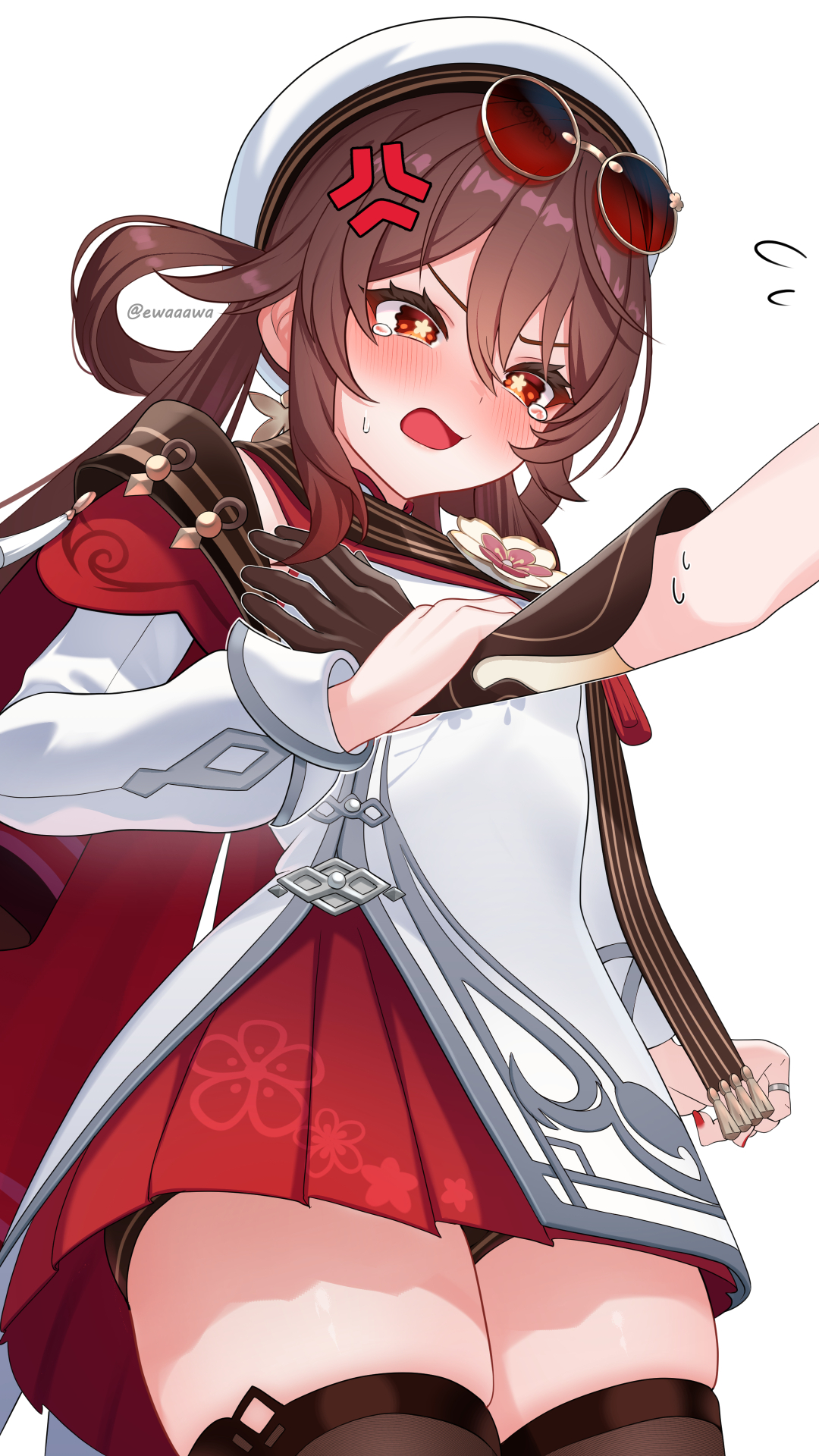 ewaaawa, aether (genshin impact), hu tao (cherries snow-laden) (genshin impact), hu tao (genshin impact), genshin impact, highres, 1boy, 1girl, anger vein, blush, brown hair, brown scarf, brown thighhighs, chinese clothes, dress, eyewear on head, flat chest, flower-shaped pupils, grabbing another's breast, groping, hair rings, hat, holding another's wrist, long hair, official alternate costume, open mouth, red-tinted eyewear, red nails, red skirt, round eyewear, scarf, simple background, skindentation, skirt, solo focus, sunglasses, symbol-shaped pupils, tearing up, thighhighs, tinted eyewear, wavy eyes, white background, white dress, white hat