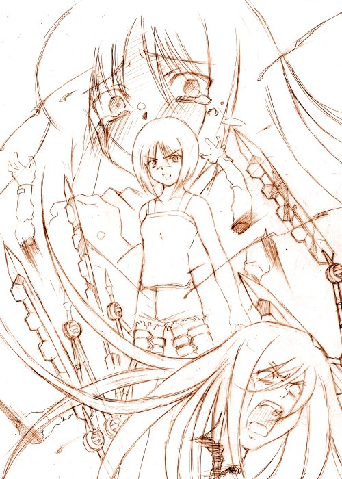 tsumura tokiko, busou renkin, 00s, monochrome, scar, sketch, valkyrie skirt
