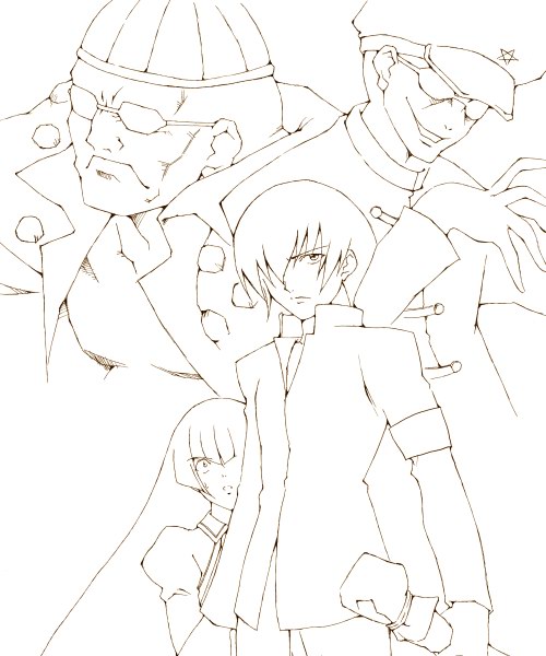 hayasaka ouka, hayasaka shusui, busou renkin, character request, 00s, 1girl, 3boys, armband, glasses, hair over one eye, lineart, monochrome, multiple boys, opaque glasses, short hair, siblings, sketch, twins