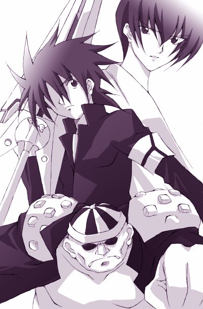 hayasaka shusui, mutou kazuki, busou renkin, 00s, monochrome, sketch, sunlight heart
