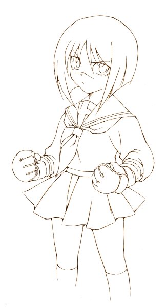 tsumura tokiko, busou renkin, 00s, monochrome, scar, school uniform, serafuku, sketch