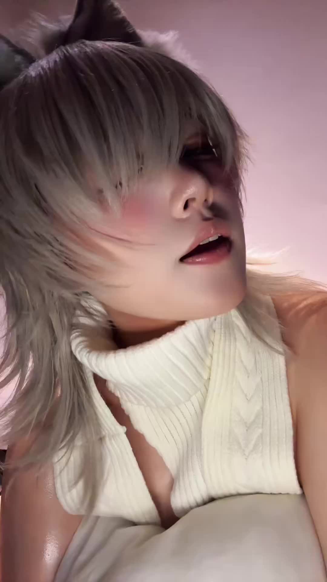 real life, animated, tagme, video, animal ears, fake animal ears, grey hair, japanese (nationality), meleah cos01, sexually suggestive, tongue, tongue out