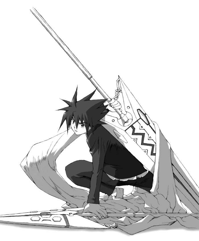 mutou kazuki, busou renkin, tagme, 00s, monochrome, sketch