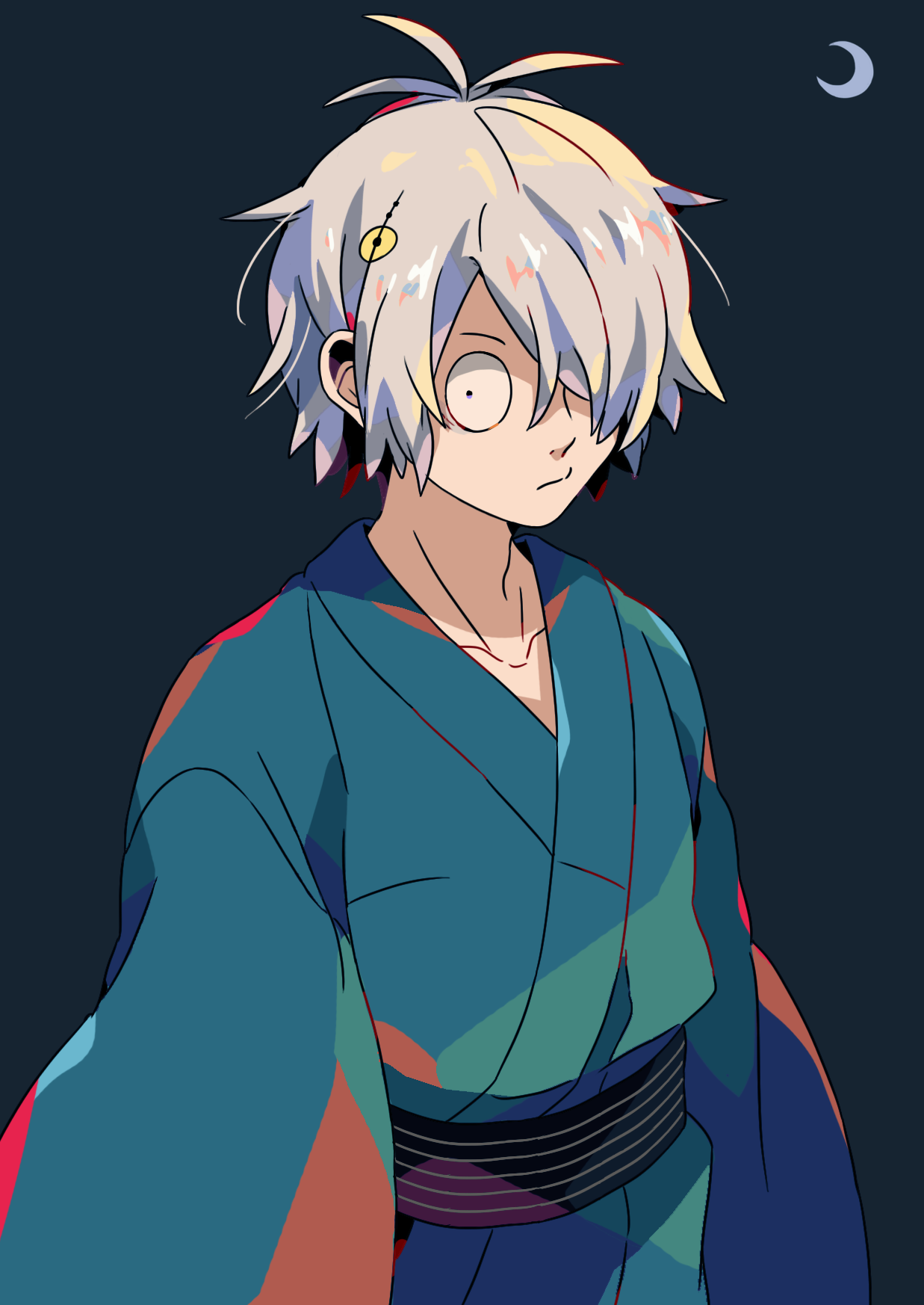 mizuki tsukimori, medama oyaji (human), gegege no kitarou, kitarou tanjou: gegege no nazo, small pupils, commentary request, highres, 1boy, blue kimono, closed mouth, collarbone, grey hair, hair over one eye, japanese clothes, kimono, long sleeves, male focus, short hair, simple background, solo, wide sleeves