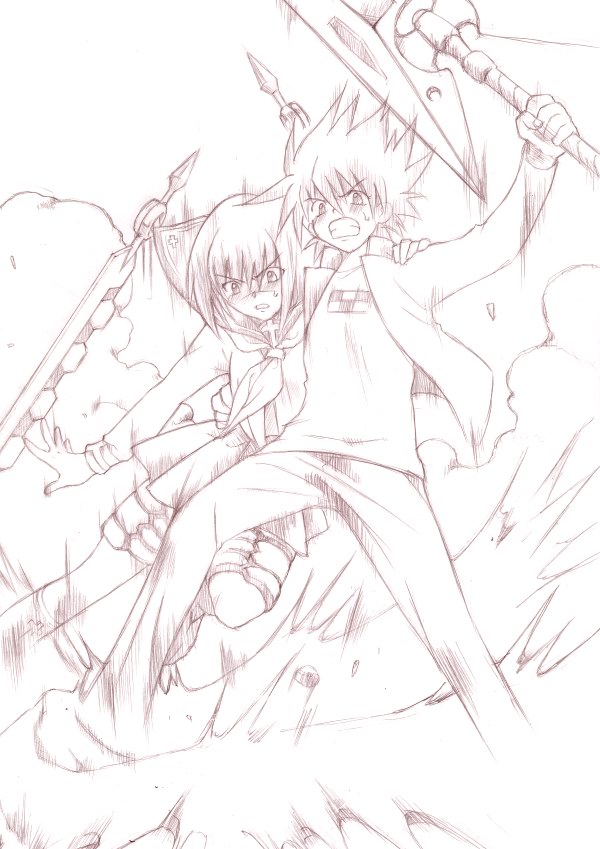 mutou kazuki, tsumura tokiko, busou renkin, 00s, monochrome, scar, school uniform, serafuku, sketch, sunlight heart, valkyrie skirt