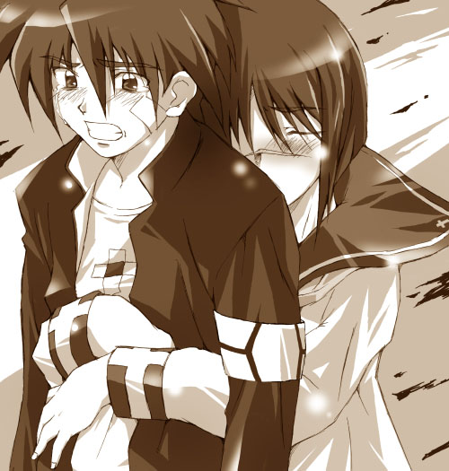 mutou kazuki, tsumura tokiko, busou renkin, 00s, monochrome, scar, school uniform, serafuku, sketch, tears
