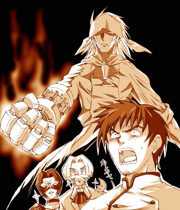 captain bravo, dr butterfly, papillon, suwabara kai, busou renkin, yakitate!! japan, chono koshaku, cosplay, facial hair, monochrome, mustache, sketch