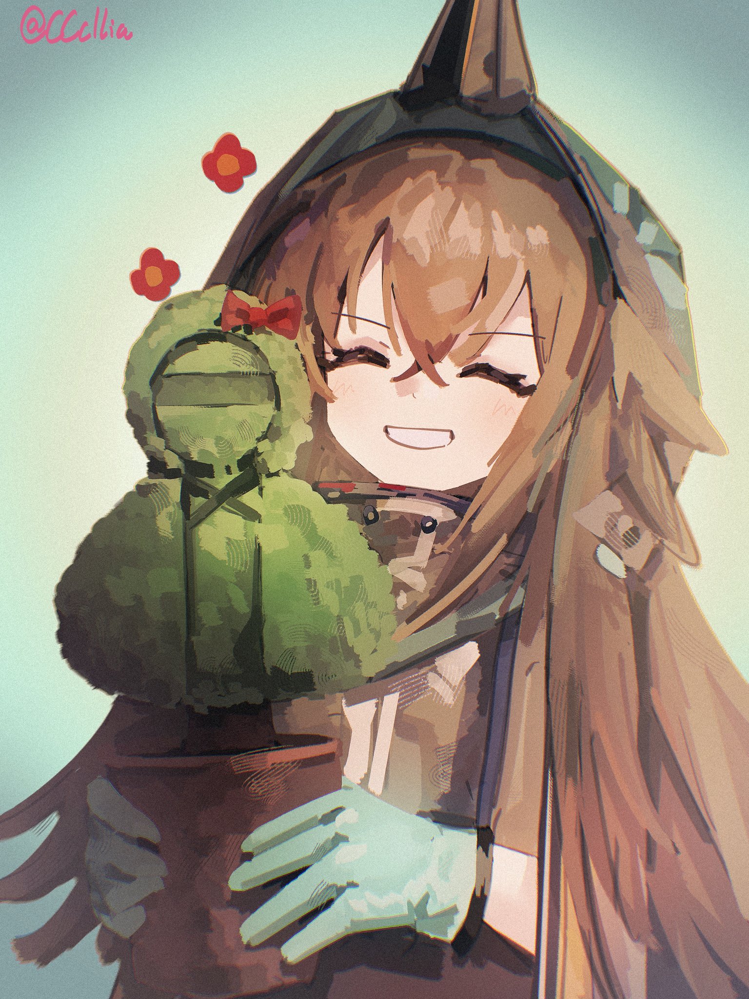 sakuratani hane, doctor (arknights), kafka (arknights), arknights, highres, 1girl, blush, brown hair, closed eyes, crossed bangs, feather hair, gloves, green gloves, hair between eyes, holding, holding plant, hood, hood up, jacket, long hair, plant, potted plant, simple background, smile, solo, twitter username, very long hair