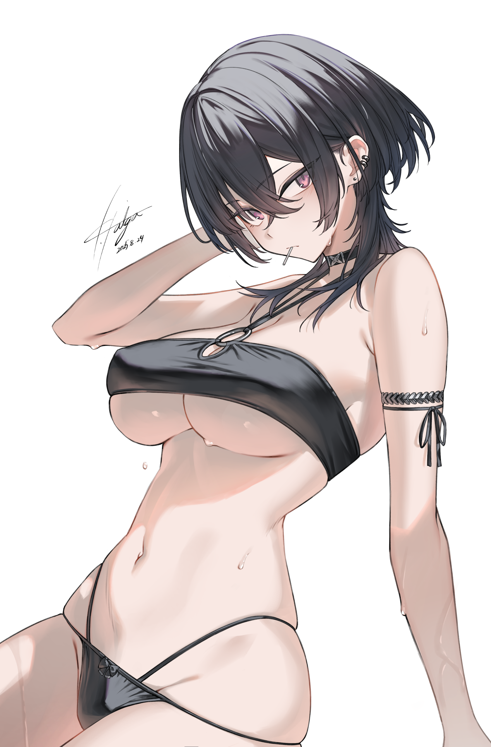 koga taiga, original, absurdres, commentary, english commentary, highres, 1girl, arm behind head, arm ribbon, armlet, bikini, black choker, black hair, blush, breasts, choker, cleavage, closed mouth, covered erect nipples, crossed bangs, dated, ear piercing, earrings, hair between eyes, jewelry, large breasts, lollipop in mouth, looking at viewer, medium hair, multi-strapped bikini bottom, navel, o-ring, o-ring top, piercing, pink eyes, ribbon, signature, simple background, skindentation, solo, stomach, strapless, strapless bikini, stud earrings, swimsuit, thighs, underboob, wet, white background, wolf cut