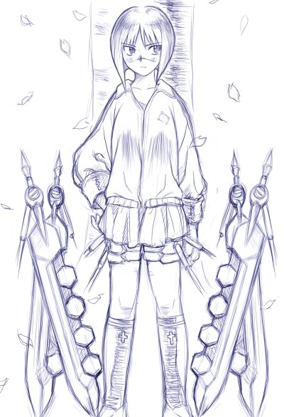 tsumura tokiko, busou renkin, 00s, monochrome, scar, school uniform, serafuku, sketch, valkyrie skirt