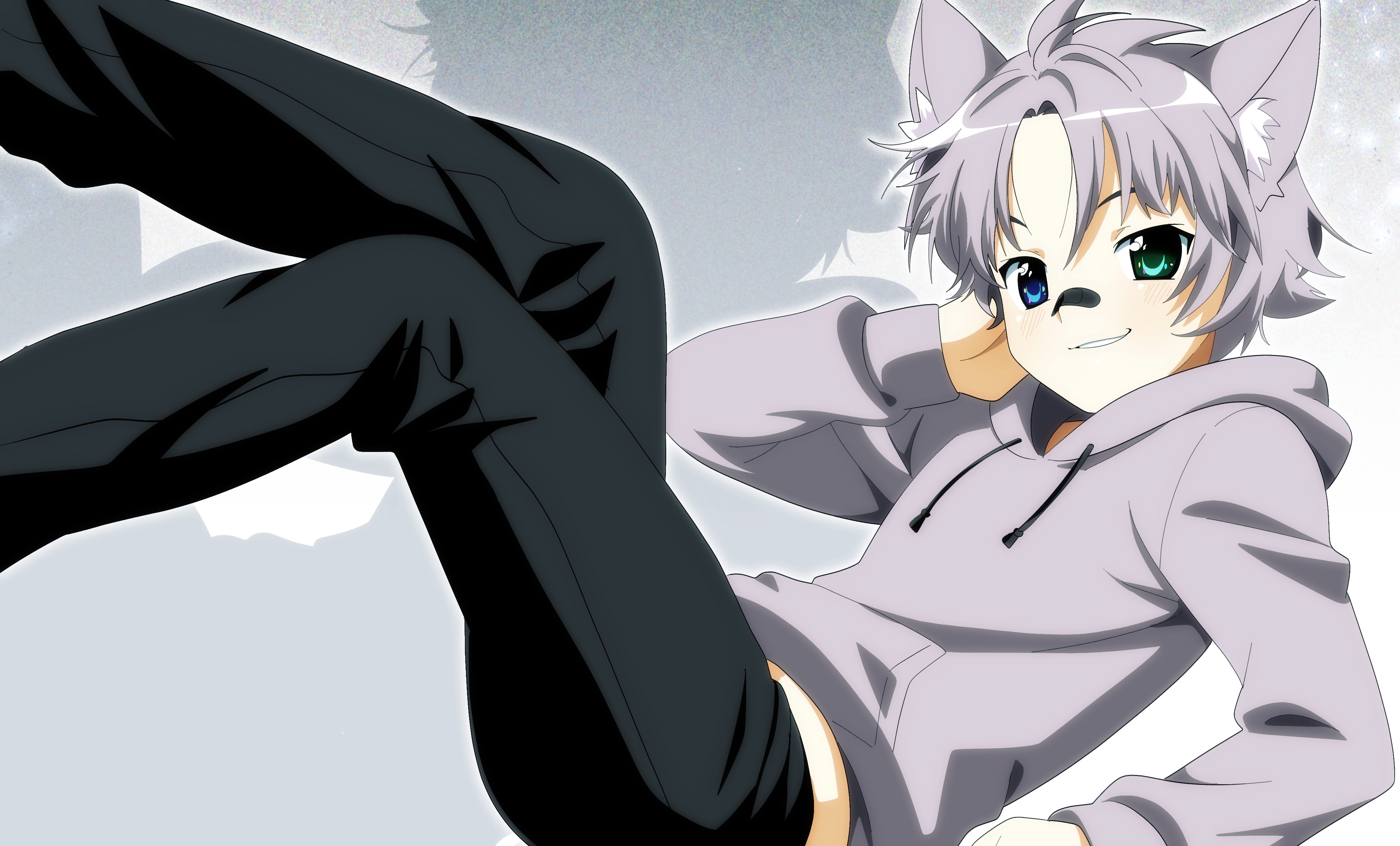 bk (barakoodra), original, absurdres, commission, highres, vgen commission, 1boy, 2000s (style), animal ears, bandaid, bandaid on face, bandaid on nose, black pants, blue eyes, faux retro artstyle, green eyes, grey hair, grey hoodie, grin, heterochromia, hood, hoodie, male focus, midriff peek, pants, smile, solo