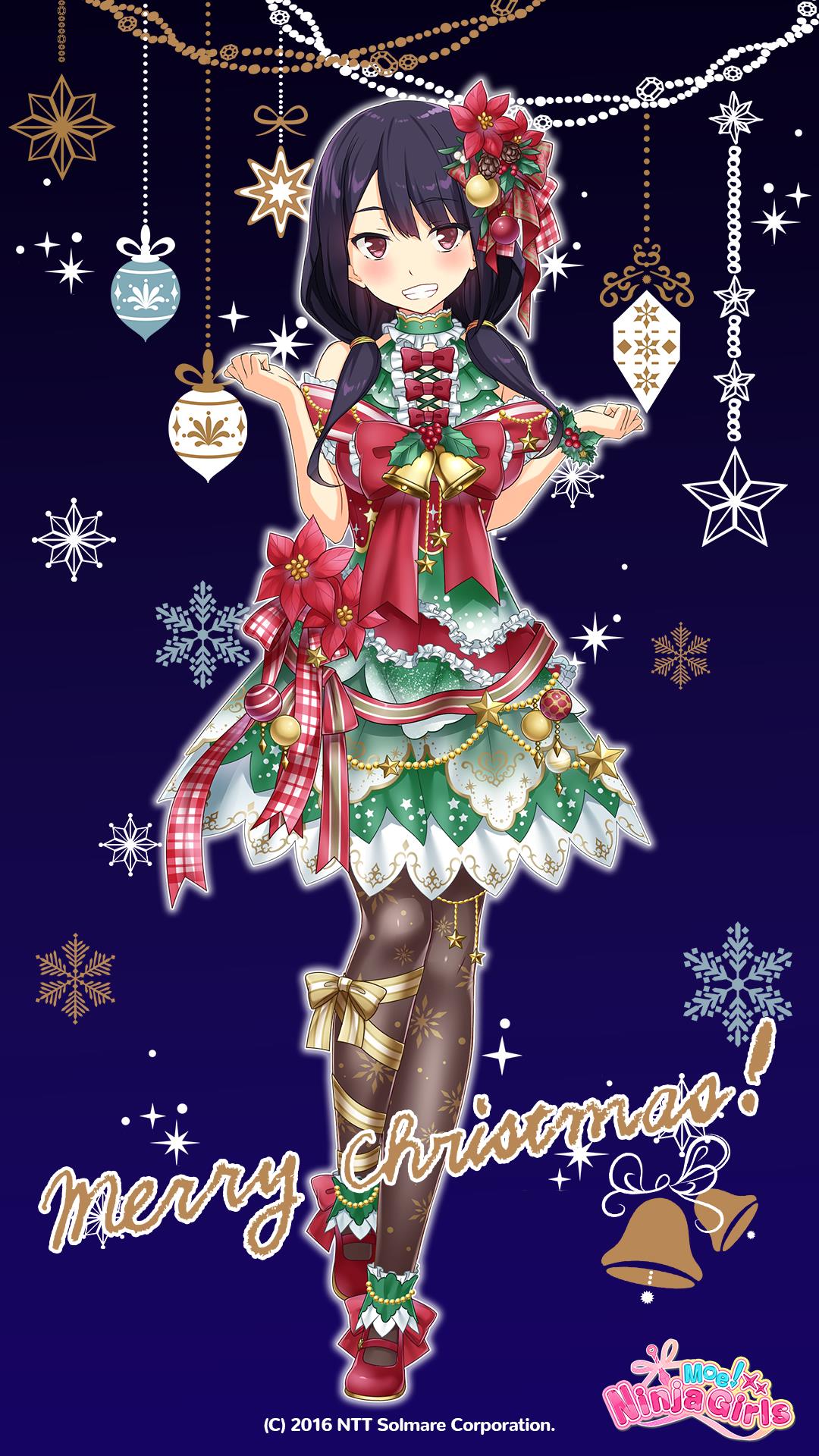 suou yamabuki, moe! ninja girls, ntt solmare, highres, official art, 1girl, bare shoulders, christmas, christmas ornaments, copyright name, copyright notice, dress, full body, gradient background, grin, logo, long hair, looking at viewer, merry christmas, pantyhose, purple eyes, purple hair, santa costume, smile, snowflakes, solo, star (symbol)