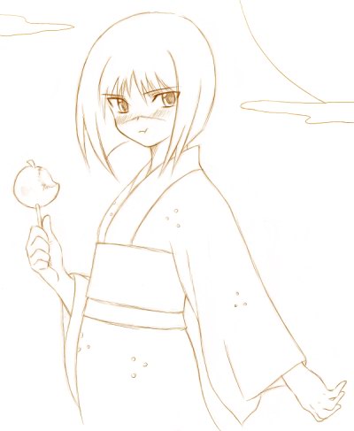 tsumura tokiko, busou renkin, lowres, 00s, japanese clothes, kimono, monochrome, scar, sketch