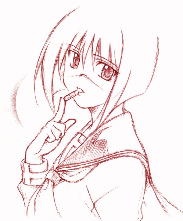 tsumura tokiko, busou renkin, 00s, monochrome, scar, school uniform, serafuku, sketch