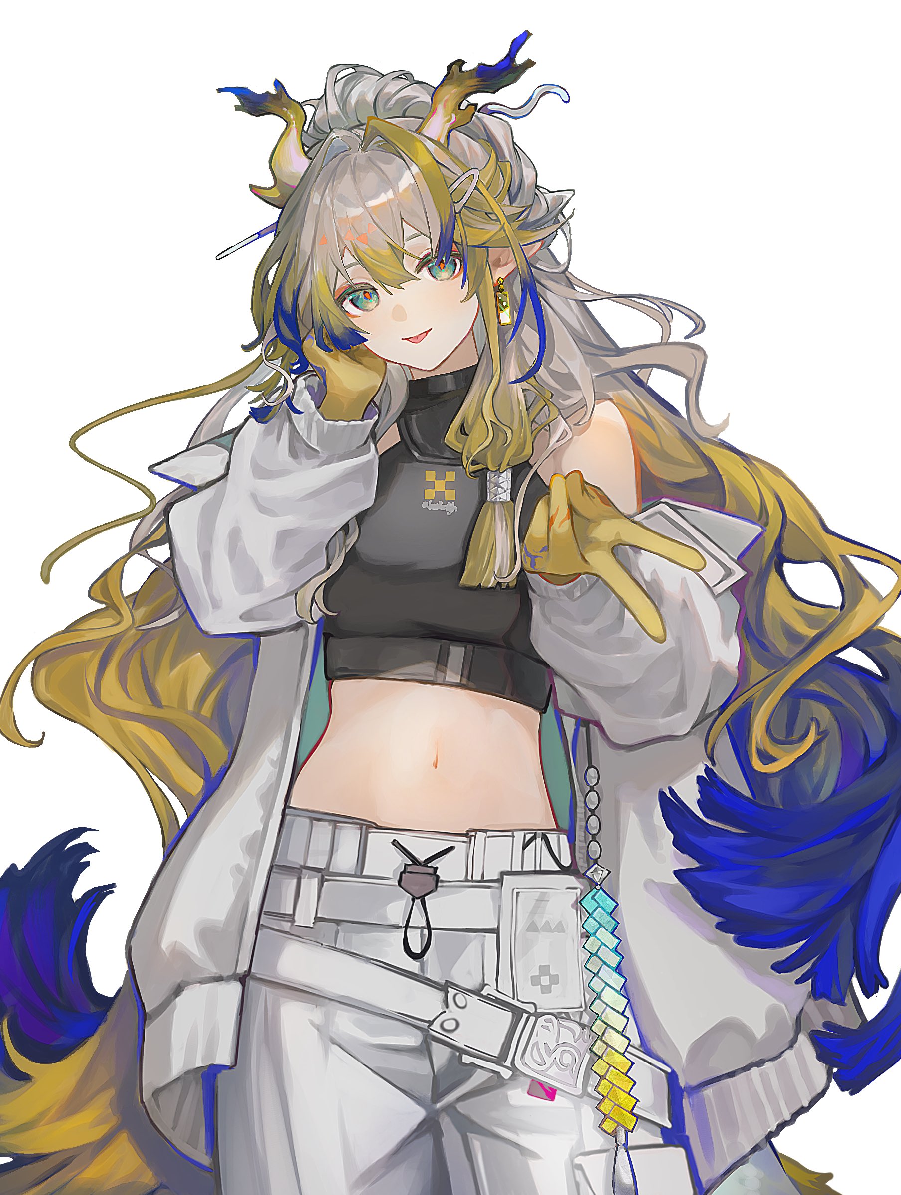 arknights yuu12, shu (arknights), arknights, commentary request, derivative work, highres, 1girl, :p, bare shoulders, black shirt, blonde hair, closed mouth, colored extremities, cowboy shot, crop top, cropped shirt, dragon girl, dragon horns, earrings, green eyes, grey hair, grey jacket, gyaru v, hair between eyes, hair intakes, hair ornament, hairclip, hand on own ear, horns, jacket, jewelry, light smile, long hair, long sleeves, looking at viewer, midriff, multicolored hair, navel, pointy ears, purple hair, shirt, simple background, sleeveless, sleeveless shirt, solo, standing, tongue, tongue out, v, very long hair, white background