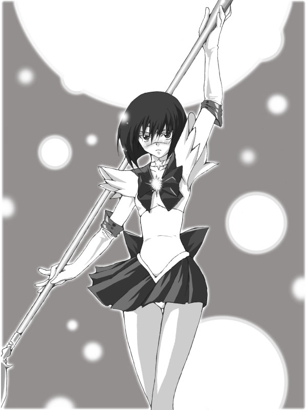 tsumura tokiko, bishoujo senshi sailor moon, busou renkin, 00s, 1990s (style), 1girl, cosplay, crossover, female focus, monochrome, panties, retro artstyle, sailor saturn (cosplay), scar, school uniform, serafuku, sketch, solo, underwear