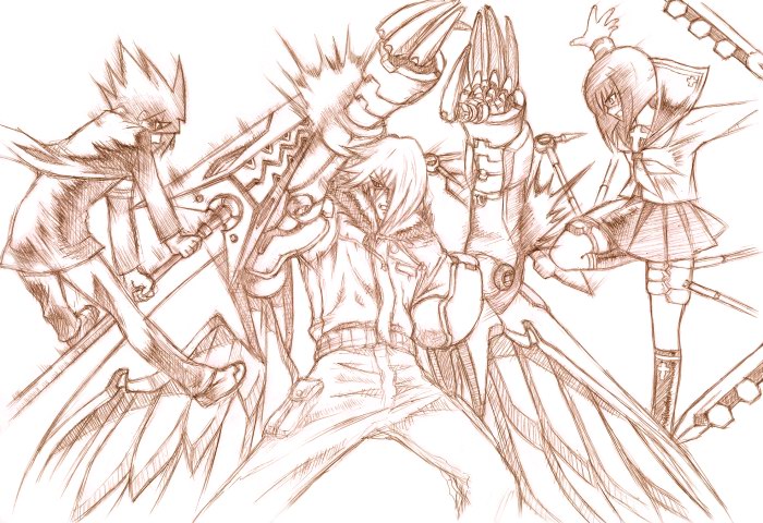mutou kazuki, tsumura tokiko, busou renkin, 00s, monochrome, scar, school uniform, serafuku, sketch, sunlight heart, valkyrie skirt, washio
