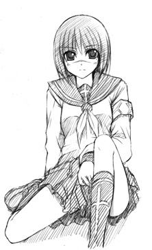 tsumura tokiko, busou renkin, lowres, 00s, monochrome, scar, school uniform, serafuku, sketch