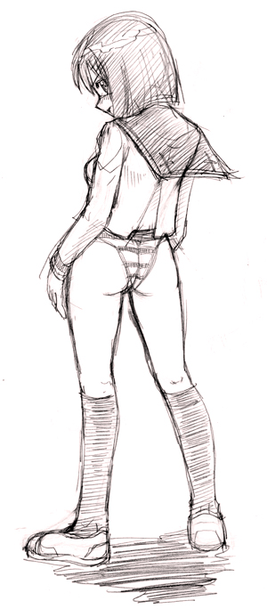 tsumura tokiko, busou renkin, 00s, monochrome, panties, scar, school uniform, serafuku, sketch, underwear