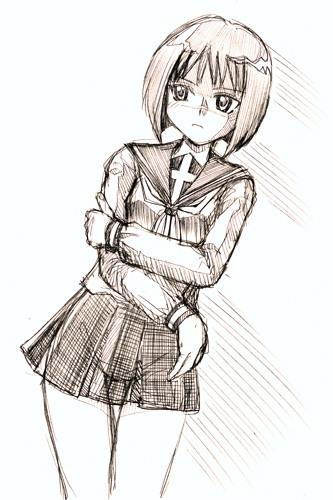 tsumura tokiko, busou renkin, lowres, 00s, monochrome, scar, school uniform, serafuku, sketch