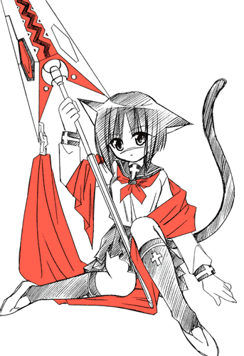 tsumura tokiko, busou renkin, lowres, 00s, animal ears, cat ears, cat tail, monochrome, scar, school uniform, serafuku, sketch, sunlight heart, tail