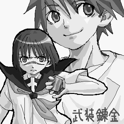 mutou kazuki, tsumura tokiko, busou renkin, lowres, 00s, monochrome, scar, school uniform, serafuku, sketch
