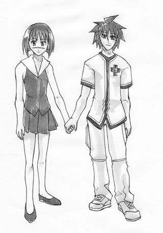 mutou kazuki, tsumura tokiko, busou renkin, lowres, 00s, monochrome, scar, sketch