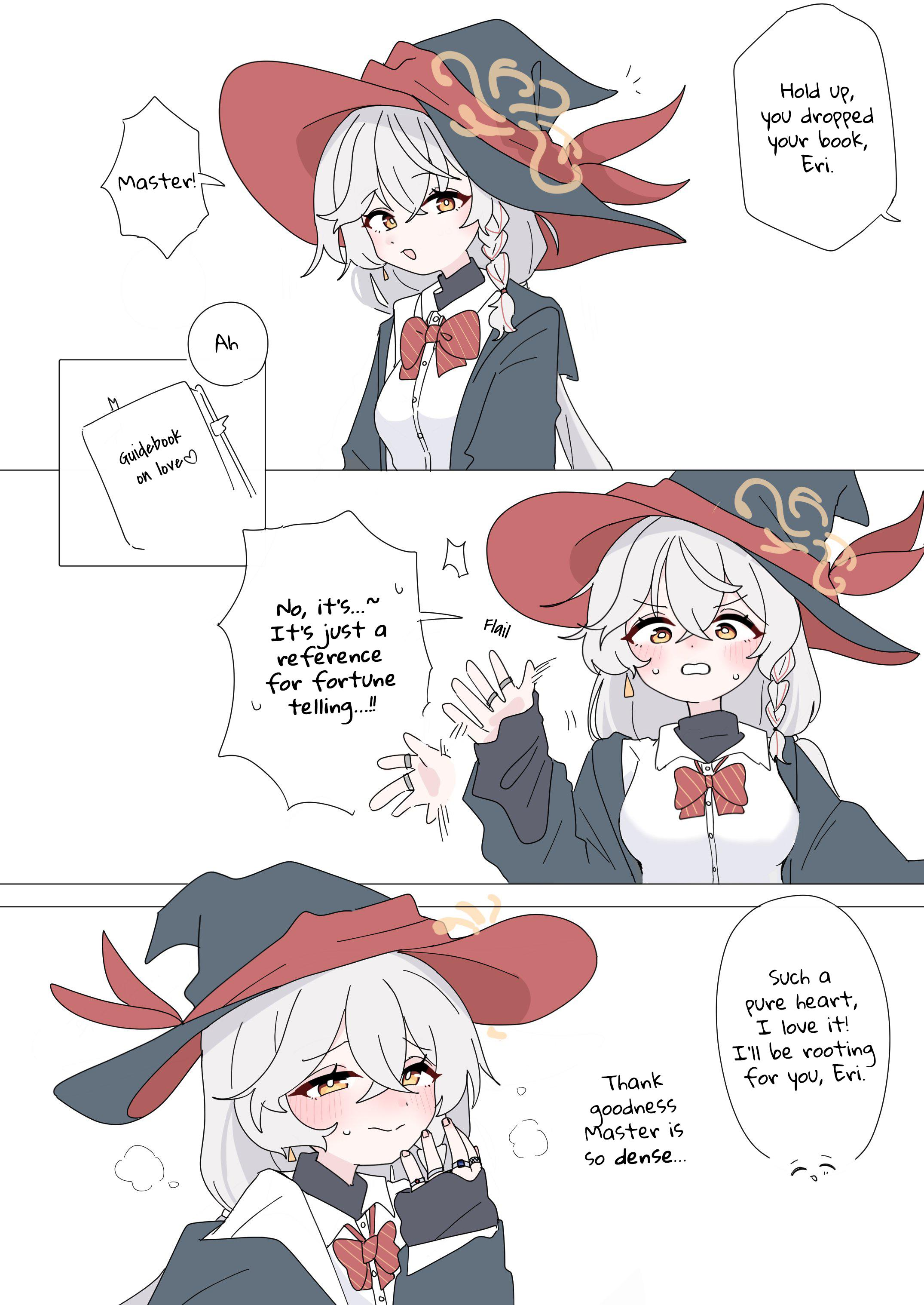 bobok, eri (blue archive), blue archive, blush, bow, bowtie, braid, comic, earrings, english translation, halo, hat, jacket, jewelry, long coat, long hair, orange eyes, ring, shirt, sleeves past wrists, sweater, waving, white hair, witch hat