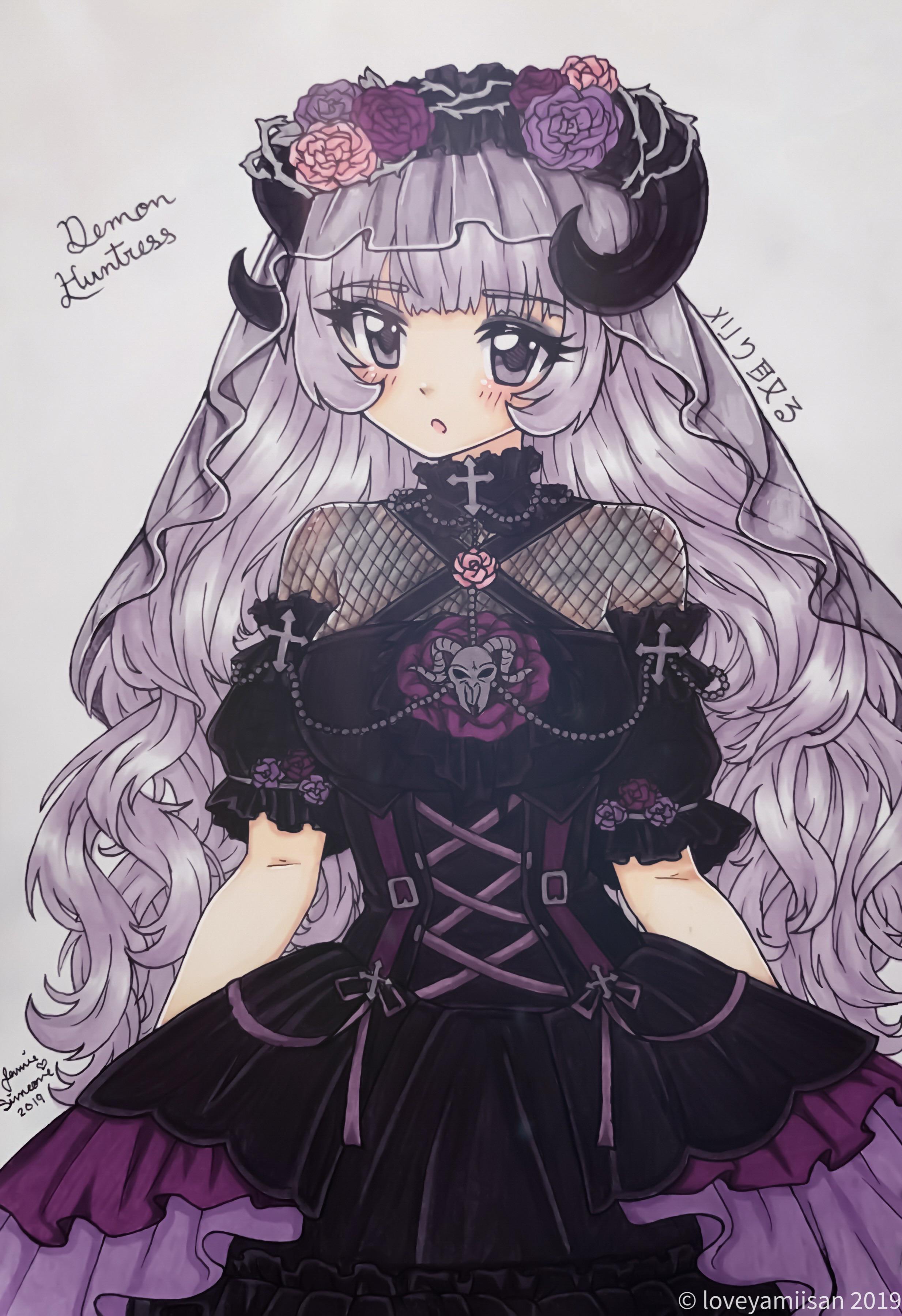 miracle nikki, nikki (series), absurdres, commentary, english commentary, highres, traditional media, 1girl, 2019, belt, belt buckle, belted dress, black dress, black hairband, black horns, brooch, buckle, character name, collarbone, cowboy shot, cross-laced clothes, cross-laced dress, curled horns, demon huntress (miracle nikki), dot nose, dress, expressionless, eyelashes, eyeshadow, fake horns, fishnet dress, flower, flower brooch, frilled dress, frilled sleeves, frills, goat, goat horns, gothic lolita, grey eyes, grey hair, grey veil, hair flower, hair ornament, hairband, horns, jewelry, light blush, lolita fashion, lolita hairband, long hair, looking to the side, makeup, open mouth, pink flower, pink rose, puffy short sleeves, puffy sleeves, purple belt, purple eyeshadow, purple flower, purple rose, reddit username, rose, short sleeves, signature, solo, standing, tareme, turtleneck, turtleneck dress, veil, very long hair, watermark, wavy hair, yamisaan