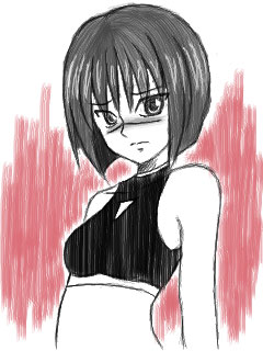tsumura tokiko, busou renkin, lowres, 00s, 1girl, blush, breasts, female focus, monochrome, qvga, scar, short hair, simple background, sketch, solo