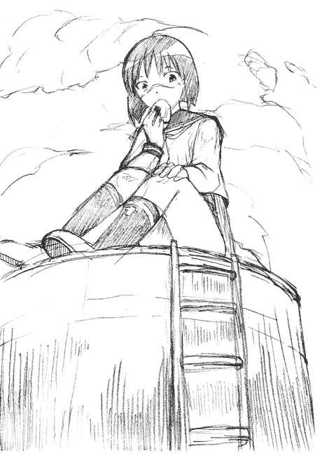 tsumura tokiko, busou renkin, 00s, monochrome, scar, school uniform, serafuku, sketch