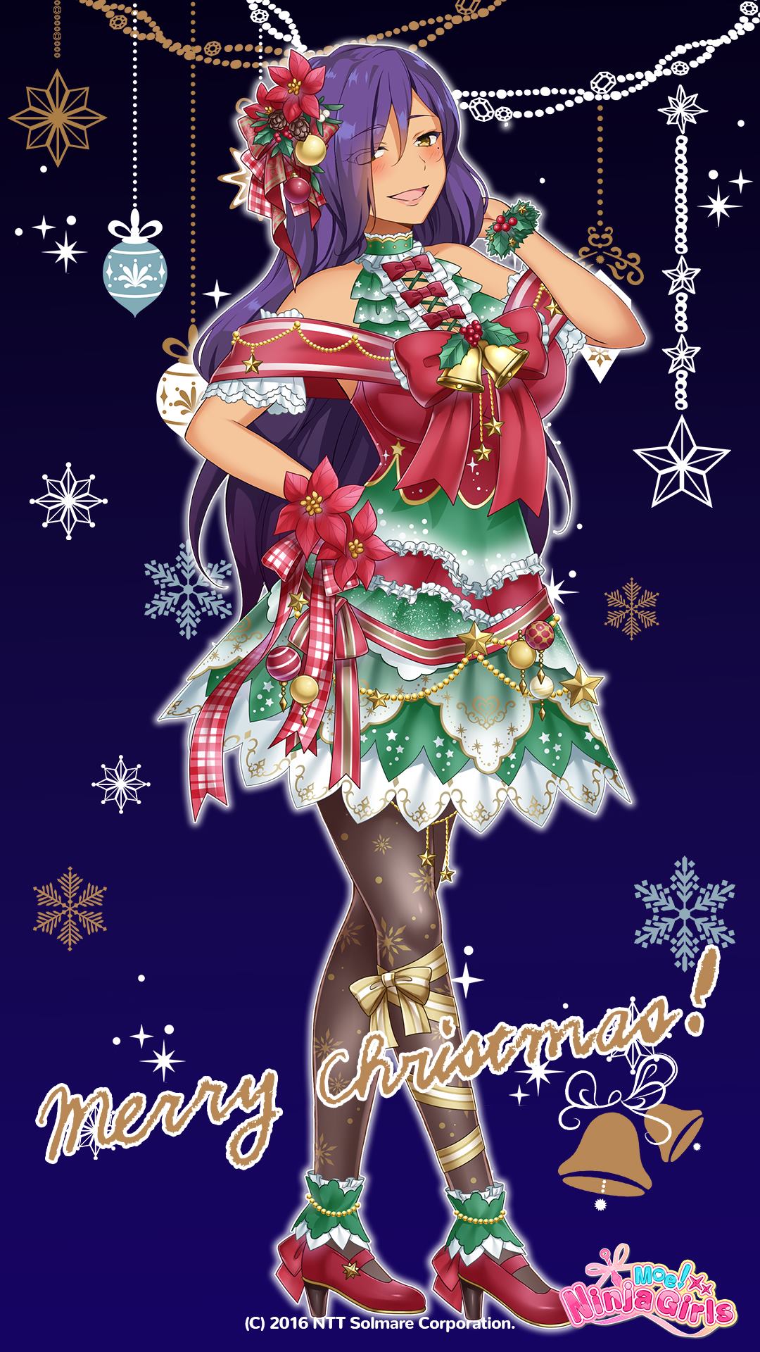 yomoda tengge, moe! ninja girls, ntt solmare, highres, official art, 1girl, bare shoulders, christmas dress, company name, cooyright notice, copyright name, dark-skinned female, dark skin, dress, full body, gradient background, high heels, logo, long hair, merry christmas, open mouth, purple hair, santa costume, solo, star (symbol), yellow eyes