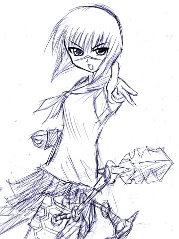 tsumura tokiko, busou renkin, lowres, 00s, monochrome, scar, school uniform, serafuku, sketch, valkyrie skirt