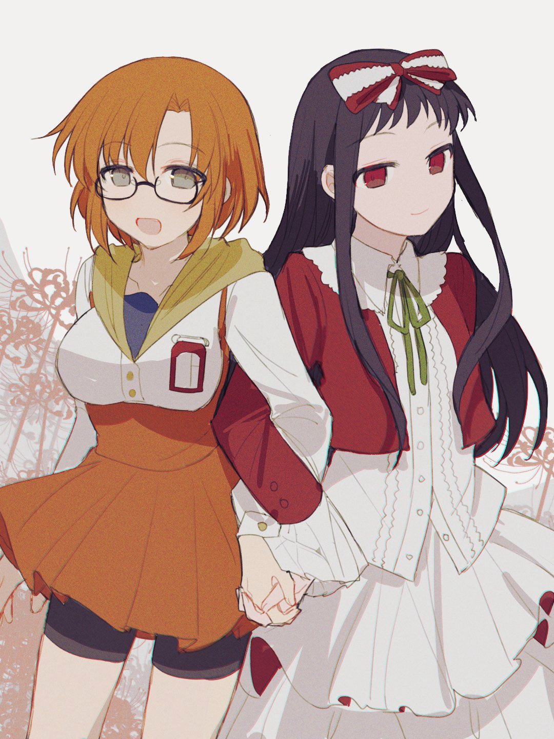 bakara (19083210), higanbana (higanbana no saku yoru ni), moriya marie, higanbana no saku yoru ni, highres, 2girls, black hair, blazer, bow, breasts, buttons, dress, flower, frills, glasses, green eyes, green ribbon, hair bow, holding hands, jacket, long hair, long sleeves, medium breasts, multiple girls, name tag, open mouth, orange dress, orange hair, red eyes, ribbon, short hair, shorts, smile, spider lily, white background, white dress, yuri