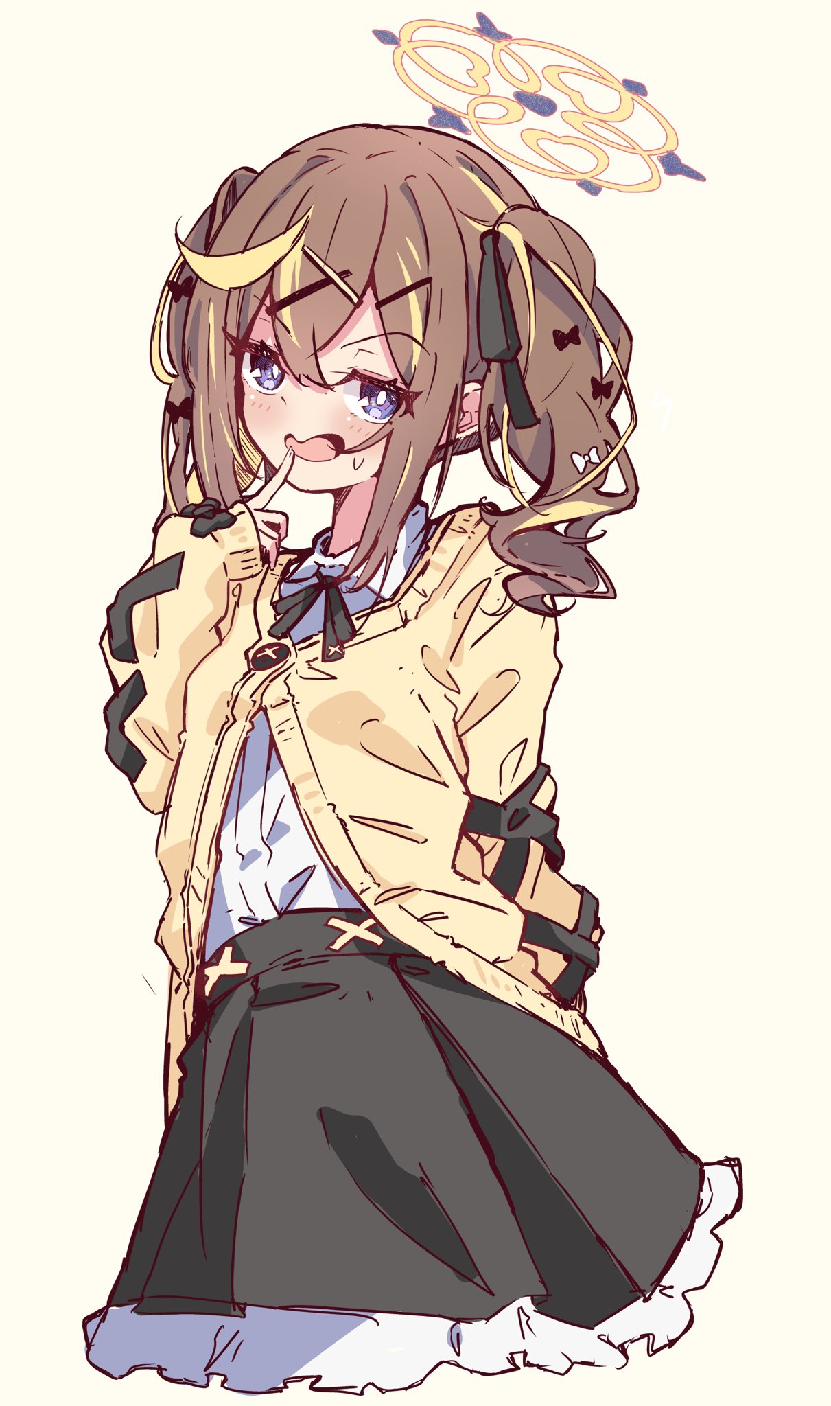 kanikama acedia, rena (blue archive), blue archive, highres, 1girl, black skirt, blonde hair, blush, bow, brown hair, collared shirt, finger to mouth, hair ornament, halo, long hair, long sleeves, looking at viewer, multicolored hair, neck ribbon, open mouth, purple eyes, ribbon, shirt, simple background, skirt, smile, solo, streaked hair, twintails, white shirt, yellow halo